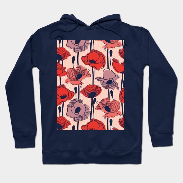 Field of poppies // pattern // rose background neon red orange shade coral and dry rose wildflowers oxford blue line contour Hoodie by SelmaCardoso